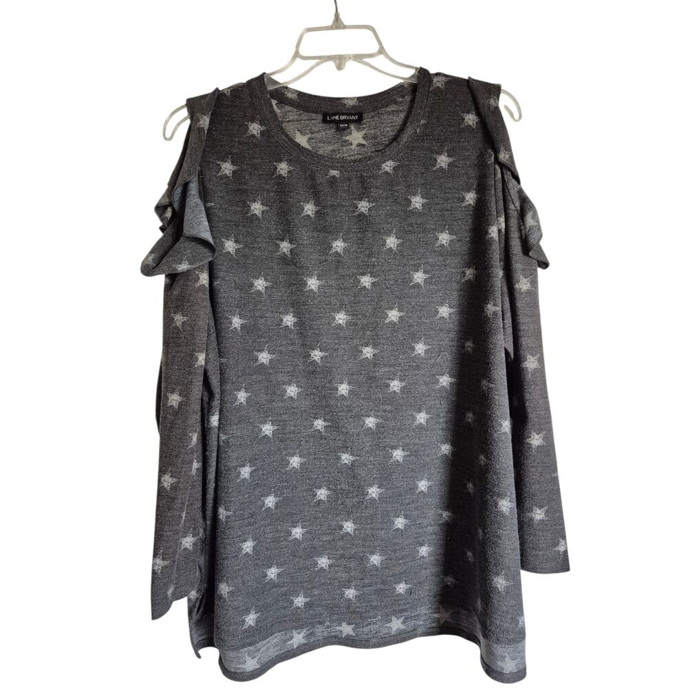 Lane Bryant Cold Shoulder Size 22/24 Top Gray with Stars Ruffle Long Sleeve Cozy